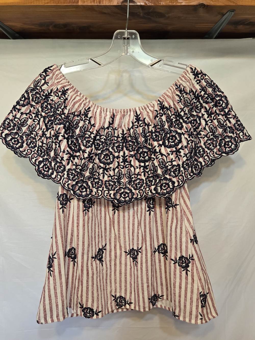 entro Burgandy Striped Off-Shoulder Embroidered Blouse